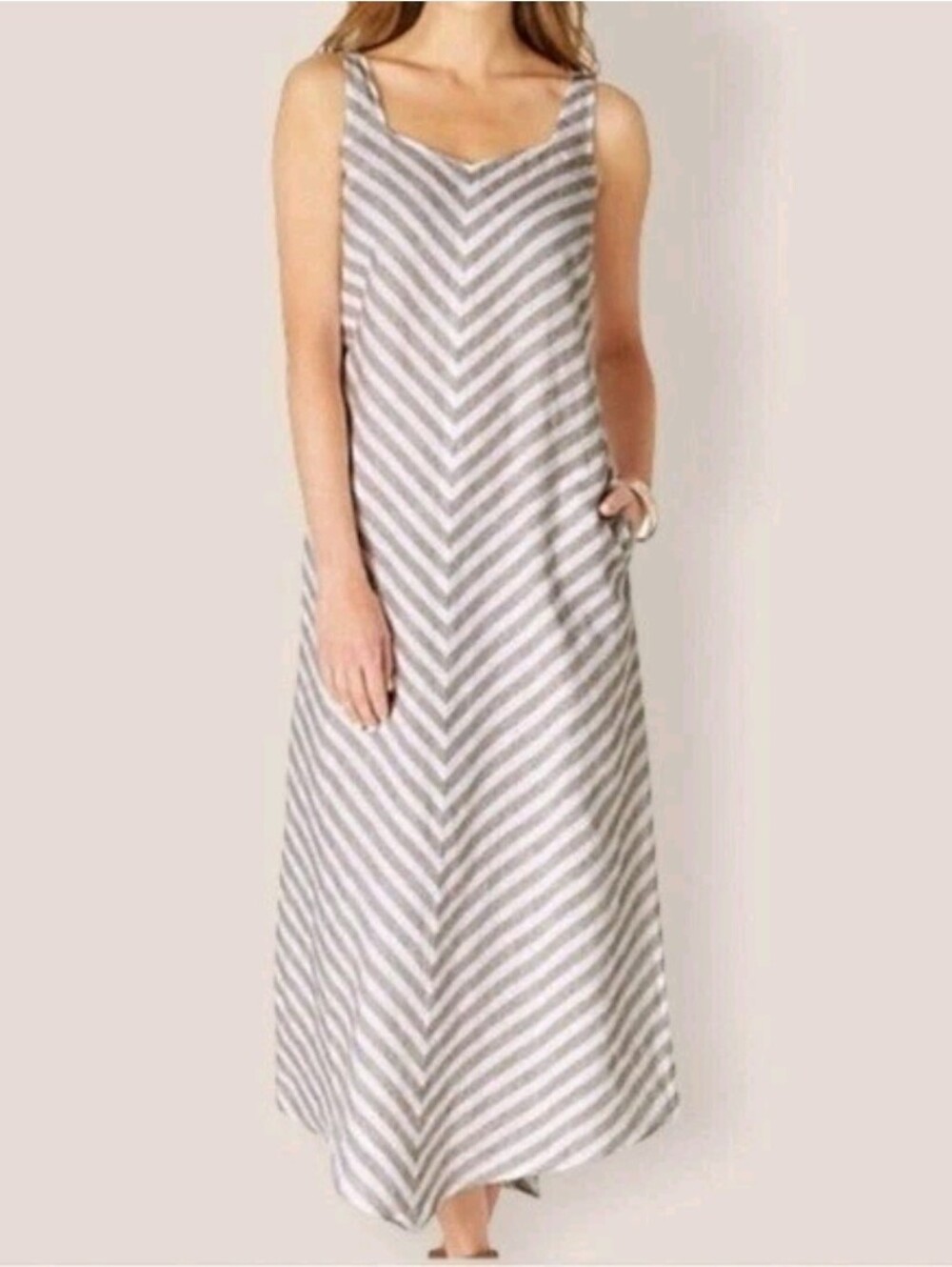 J Jill Maxi Dress Large Love Linen Beechnut Sleeveless Chevron Stripe Brown Whit